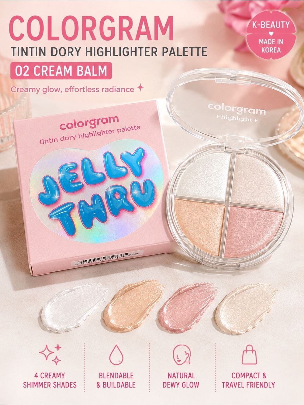 Tintin Dory Highlighter Palette - 02 Cream Balm (Cream, Peach, Pink, Pearl)